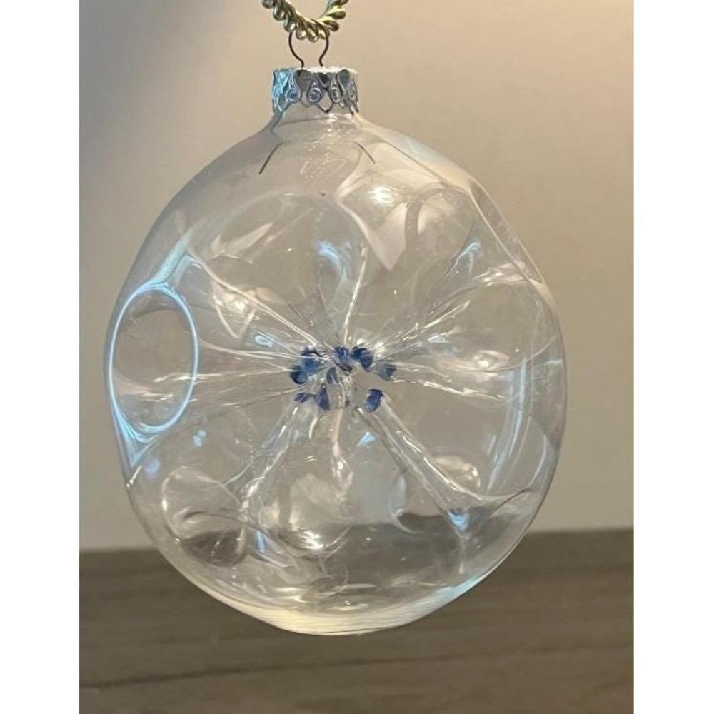Vintage West Germany Hand Blown Clear Art Glass Christmas Ornament Blue Center